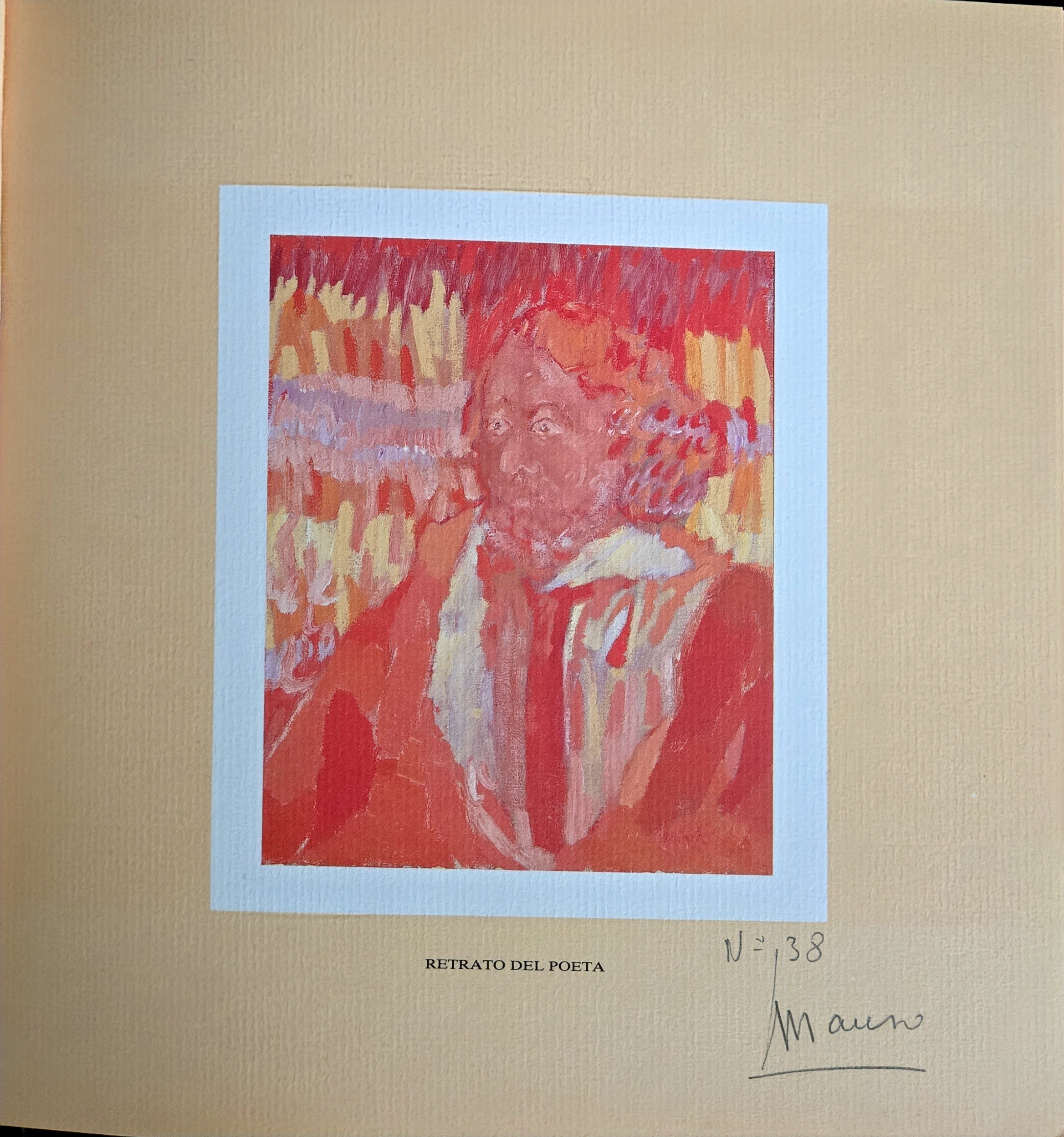 Retrato del Poeta: oleo expresionista en tonos calidos rojos y naranjas, retrato de Mauro Zorrilla con barba, estilo vibrante con pinceladas visibles