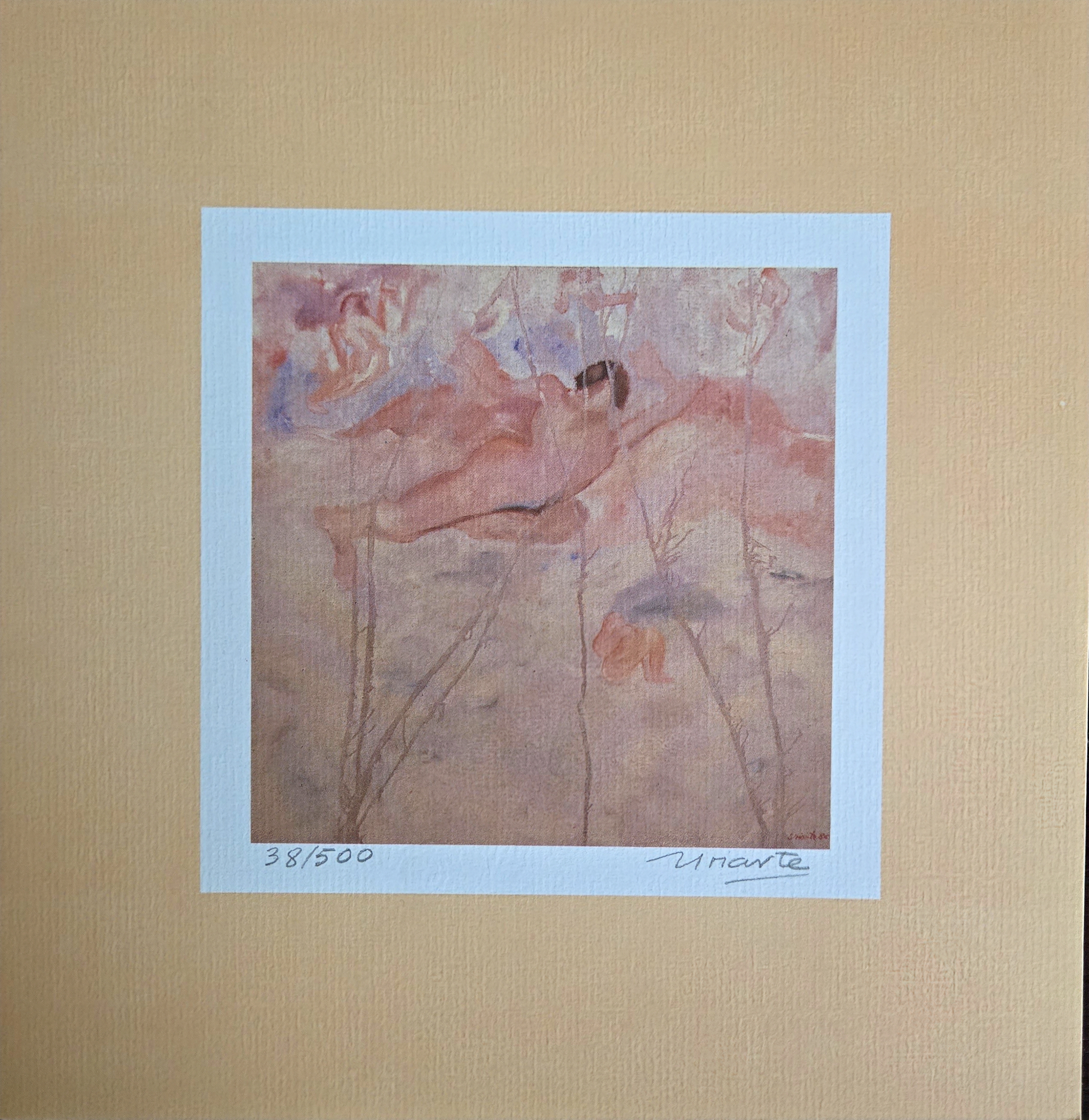 Oleo en tonos rosados y terrosos, paisaje abstracto con formas organicas y ramas, atmosfera eterea