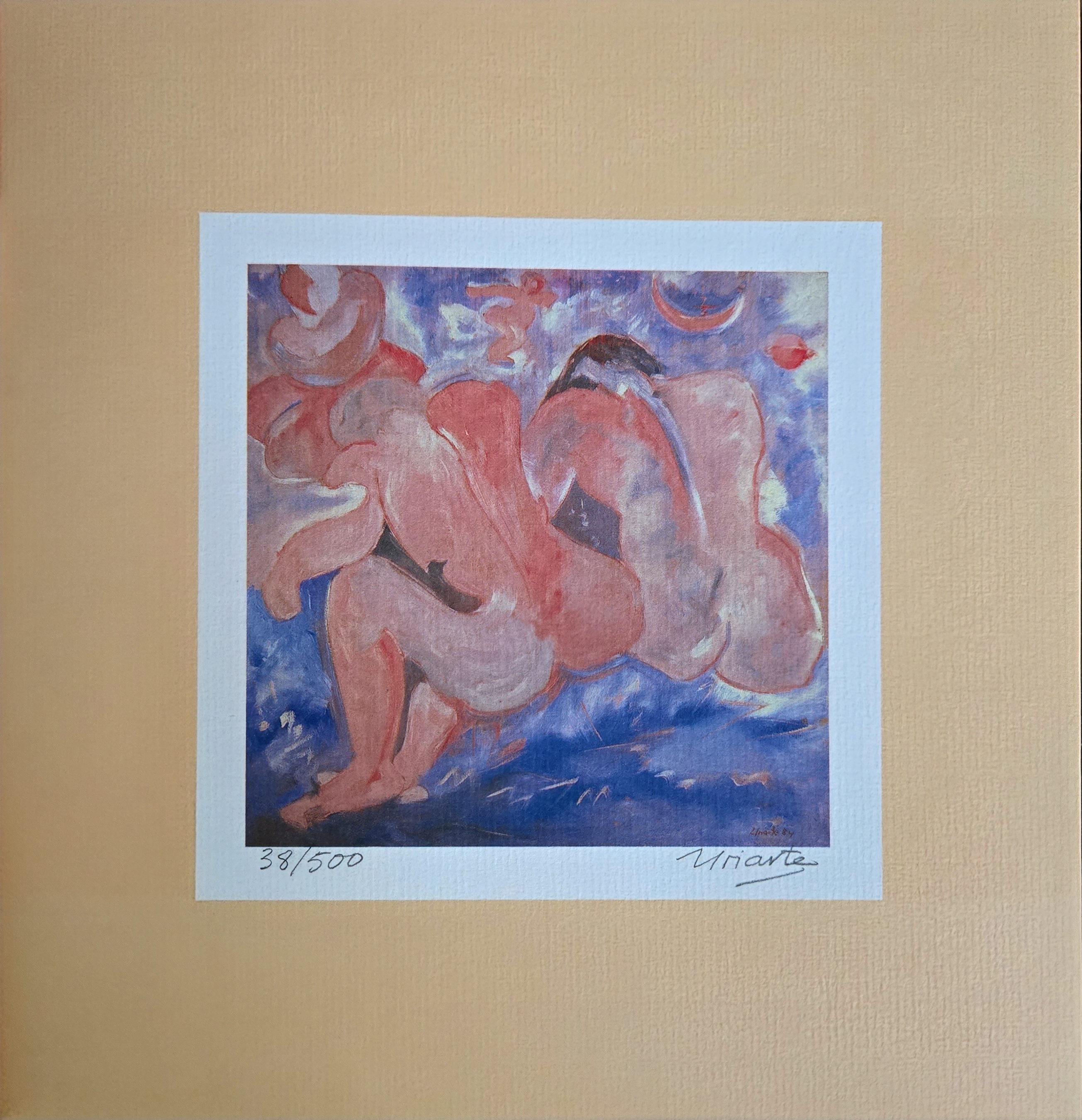 Oleo en tonos azules y rosas, figuras humanas abstractas en movimiento sobre fondo marino